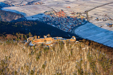 Madenburg castle ruins in winter with snow in Eschbach in the state Rhineland-Palatinate, Germany from the plane
