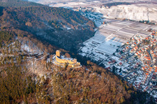 Aerial view of Wintry snowy Ruins and vestiges of the former castle and fortress Burg Landeck in Klingenmuenster in the state Rhineland-Palatinate, Germany