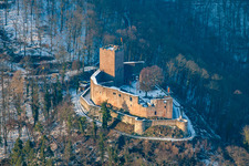 Wintry snowy ruins and vestiges of the former castle Landeck in Klingenmuenster in the state Rhineland-Palatinate during Winter