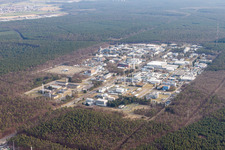Campus building of the university KIT - Campus Nord (former Nuclear research centre Karlsruhe) in the district Leopoldshafen in Eggenstein-Leopoldshafen in the state Baden-Wurttemberg, Germany from the plane