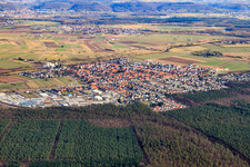 View of the town from the northeast with the industrial area at the train station in the district Friedrichstal in Stutensee in the state Baden-Wuerttemberg, Germany