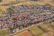 Aerial view of View of the town from the west with St. Sebastian Church in the district Neuthard in Karlsdorf-Neuthard in the state Baden-Wuerttemberg, Germany