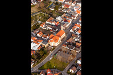 Aerial view of Church building in the village of in Karlsdorf-Neuthard in the state Baden-Wurttemberg, Germany