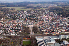 Aerial view of Building complex in the park of the castle Bruchsal in Bruchsal in the state Baden-Wurttemberg