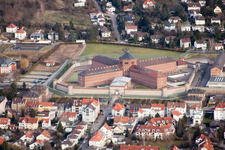 Prison grounds and high security fence Prison Schoenbornstrasse in the district Untergrombach in Bruchsal in the state Baden-Wurttemberg