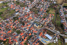 Town center with St. Andrew's Church, St. Joseph's Kindergarten and ASB senior citizens' home "Josefshaus" in the district Ubstadt in Ubstadt-Weiher in the state Baden-Wuerttemberg, Germany