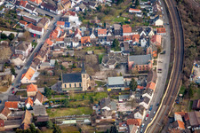 Aerial view of Church building in the village of in the district Friedrichsfeld in Mannheim in the state Baden-Wurttemberg, Germany