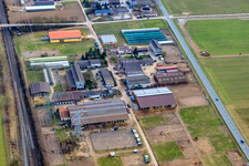 Aerial view of Stall Erny and Stall Dehoust on Marderweg in the district Friedrichsfeld in Mannheim in the state Baden-Wuerttemberg, Germany