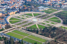 Aerial view of Rondell in the Arion Fountain in the Schwetzingen Palace Park in Schwetzingen in the state Baden-Wuerttemberg, Germany