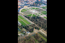 Aerial photograpy of Rondell in the Arion Fountain in the Schwetzingen Palace Park in Schwetzingen in the state Baden-Wuerttemberg, Germany