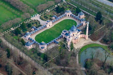 Mosque in the Schwetzingen Palace Gardens in Schwetzingen in the state Baden-Wuerttemberg, Germany seen from a drone