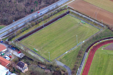 Aerial view of Sports fields of SV 98 Schwetzingen eV in Schwetzingen in the state Baden-Wuerttemberg, Germany