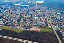 Aerial view of View of the town from the northeast in Ketsch in the state Baden-Wuerttemberg, Germany