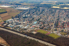 View of the town behind the A6 from the northeast in Ketsch in the state Baden-Wuerttemberg, Germany
