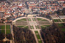 Schwetzingen Castle and the French baroque garden in Schwetzingen in the state of Baden-Wuerttemberg from above