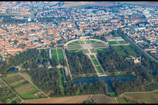 Aerial view of Schwetzingen Palace and Garden in winter from the west in Schwetzingen in the state Baden-Wuerttemberg, Germany