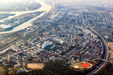 Overview of locations beyond the B36 from the southeast in the district Rheinau in Mannheim in the state Baden-Wuerttemberg, Germany