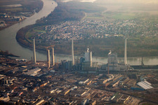 Aerial view of Large power plant with new construction of Unit 6 in the district Neckarau in Mannheim in the state Baden-Wuerttemberg, Germany