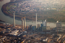 Aerial photograpy of Large power plant with new construction of Unit 6 in the district Neckarau in Mannheim in the state Baden-Wuerttemberg, Germany