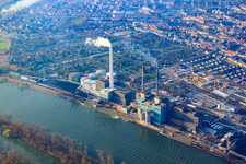 Aerial view of Construction site of power plants and exhaust towers of thermal power station GKM Block 6 in the district Neckarau in Mannheim in the state Baden-Wurttemberg, Germany