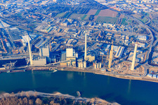 Oblique view of Construction site of power plants and exhaust towers of thermal power station GKM Block 6 in the district Neckarau in Mannheim in the state Baden-Wurttemberg, Germany