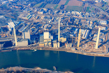 Construction site of power plants and exhaust towers of thermal power station GKM Block 6 in the district Neckarau in Mannheim in the state Baden-Wurttemberg, Germany out of the air