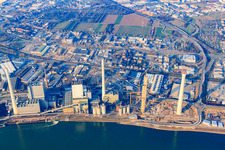 Construction site of power plants and exhaust towers of thermal power station GKM Block 6 in the district Neckarau in Mannheim in the state Baden-Wurttemberg, Germany seen from above