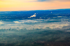 Aerial view of Oberwald industrial area in the morning mist in Wörth am Rhein in the state Rhineland-Palatinate, Germany
