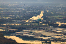Aerial view of MIRO in the morning mist in the district Knielingen in Karlsruhe in the state Baden-Wuerttemberg, Germany