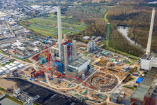 Oblique view of New ENBW Rhine Harbour steam power plant Karlsruhe in the district Daxlanden in Karlsruhe in the state Baden-Wuerttemberg, Germany