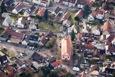 Aerial view of St. Valentine in the district Daxlanden in Karlsruhe in the state Baden-Wuerttemberg, Germany