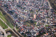 Aerial photograpy of St. Valentine in the district Daxlanden in Karlsruhe in the state Baden-Wuerttemberg, Germany