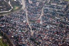 Aerial photograpy of Holy Spirit Church in the district Daxlanden in Karlsruhe in the state Baden-Wuerttemberg, Germany