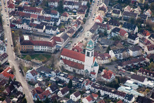 Oblique view of Holy Spirit Church in the district Daxlanden in Karlsruhe in the state Baden-Wuerttemberg, Germany