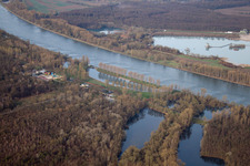 Oblique view of Rappenwört beach on the banks of the Rhine in the district Daxlanden in Karlsruhe in the state Baden-Wuerttemberg, Germany