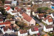 Aerial view of St. Ursula Church in the district Neuburgweier in Rheinstetten in the state Baden-Wuerttemberg, Germany