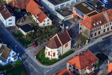 Aerial view of St. Ursula Chapel in the district Neuburgweier in Rheinstetten in the state Baden-Wuerttemberg, Germany