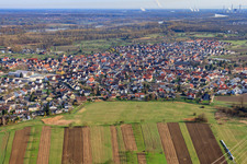 View of the town from the south, showing the Rheinauhalle and school. in Au am Rhein in the state Baden-Wuerttemberg, Germany