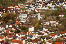Aerial view of Holy Spirit Church in the district Illingen in Elchesheim-Illingen in the state Baden-Wuerttemberg, Germany