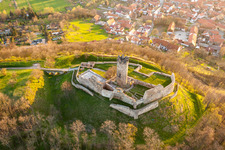 Ruins and vestiges of the former castle and fortress Muehlburg in the district Muehlberg in Drei Gleichen in the state Thuringia, Germany out of the air