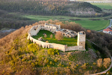 Gleichen Castle in the district Wandersleben in Drei Gleichen in the state Thuringia, Germany seen from a drone