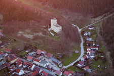 Aerial view of Ruins and vestiges of the former fortress Liebenstein in Liebenstein in the state Thuringia, Germany