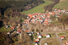 Village - view on the edge of agricultural fields and farmland in Angelroda in the state Thuringia, Germany