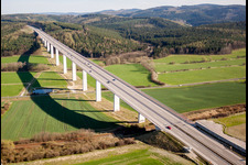 Routing and traffic lanes over the highway bridge in the motorway A 71 ueber das Tal of Reichenbach in Martinroda in the state Thuringia, Germany
