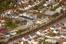 School building of the Ludwig-Marum-Gymnasium Pfinztal in the district Berghausen in Pfinztal in the state Baden-Wurttemberg from above