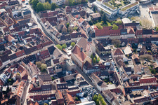 Aerial view of City Church in the district Durlach in Karlsruhe in the state Baden-Wuerttemberg, Germany