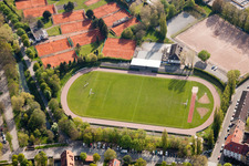 Aerial view of Turmberg Stadium in the district Durlach in Karlsruhe in the state Baden-Wuerttemberg, Germany