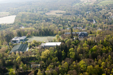 Schöneck Sports School behind the Turmberg in the district Durlach in Karlsruhe in the state Baden-Wuerttemberg, Germany seen from above