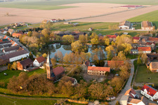 Aerial view of Church building in the village of in Borgisdorf in the state Brandenburg