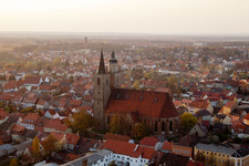 Aerial photograpy of Church building of the Nikolai-church in Old Town- center of downtown in Jueterbog in the state Brandenburg